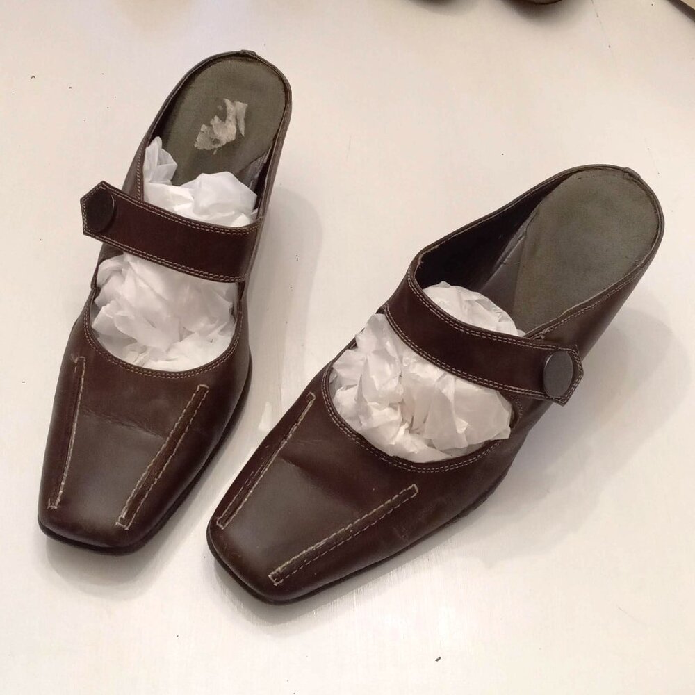 Aerosoles Sugar Snap Brown Leather Mules Slide On Mary Jane Kitten Heels size 8